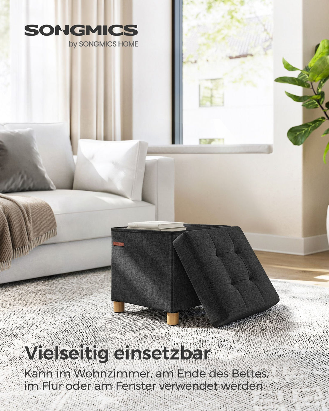 Svart förvaringspall - förvaringsbänk - fotpall - linneimitation - MDF - 38 x 38 x 40 cm