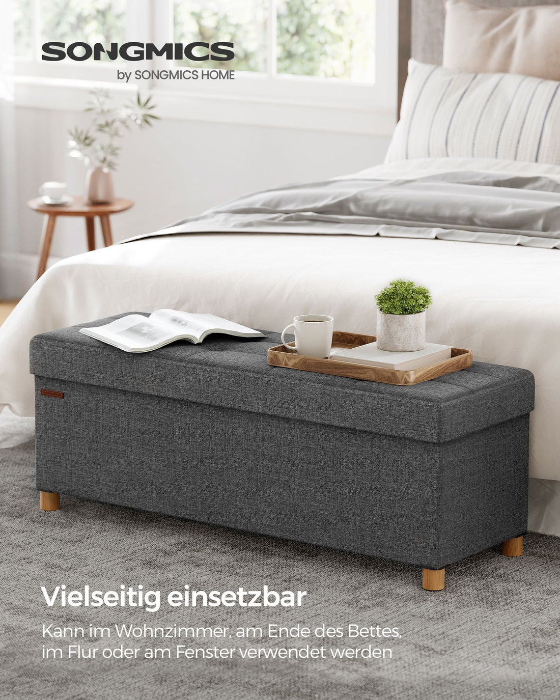 Opbergbank - donkergrijs - gestoffeerd - linnenlook - 38 x 110 x 40 cm - 112 L - 300 kg
