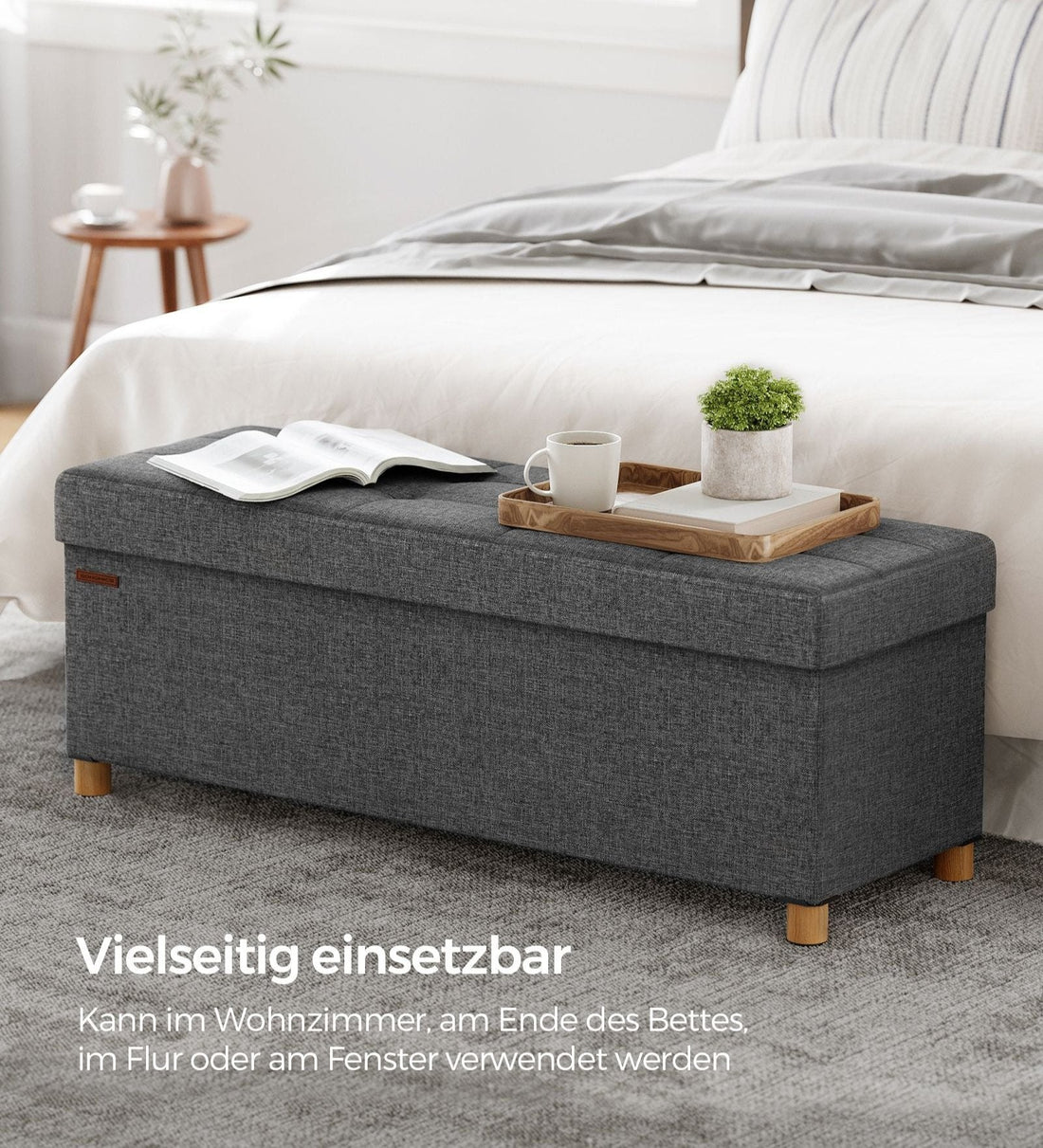 Opbergbank, inklapbare poef, linnenlook, MDF, 38 x 110 x 40 cm, 300 kg