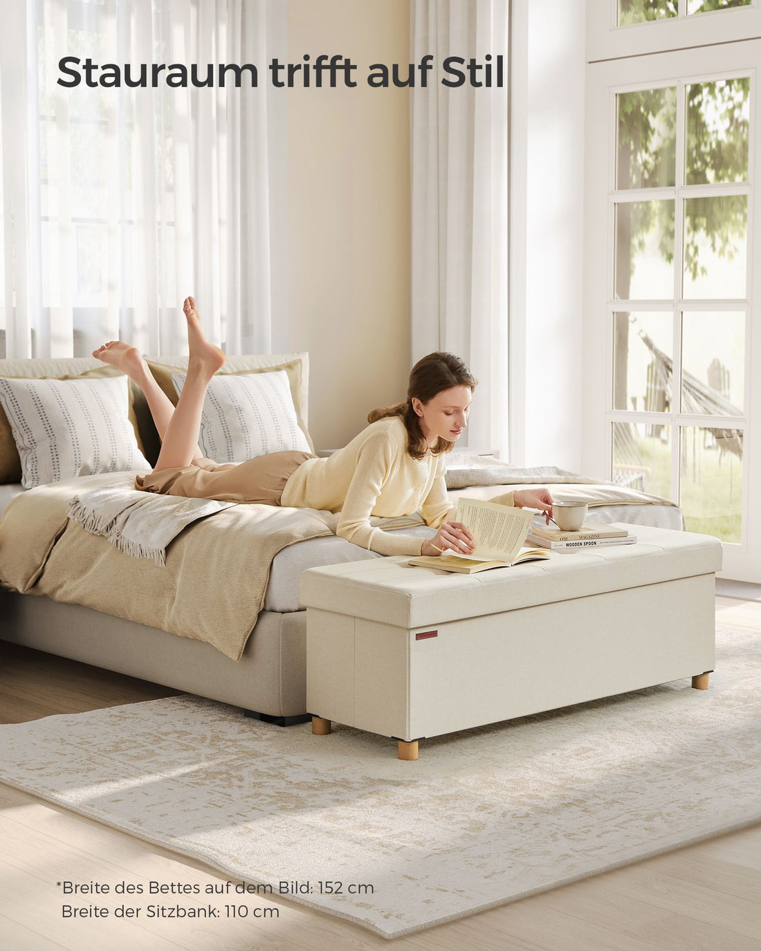 Sitzbanktruhe - Aufbewahrungsbank - Fußhocker - MDF - Leinenoptik - 25D-Schaumstoff - 38 x 110 x 40 cm