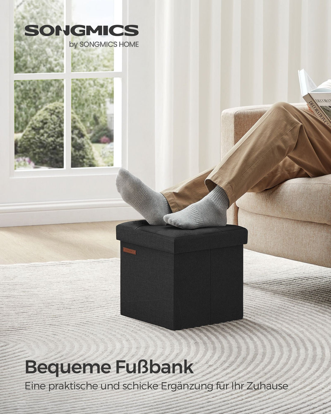 Opbergpoef met zitplaats - voetenbank - linnenlook - MDF - 30 x 30 x 30 cm - zwart - 22 L