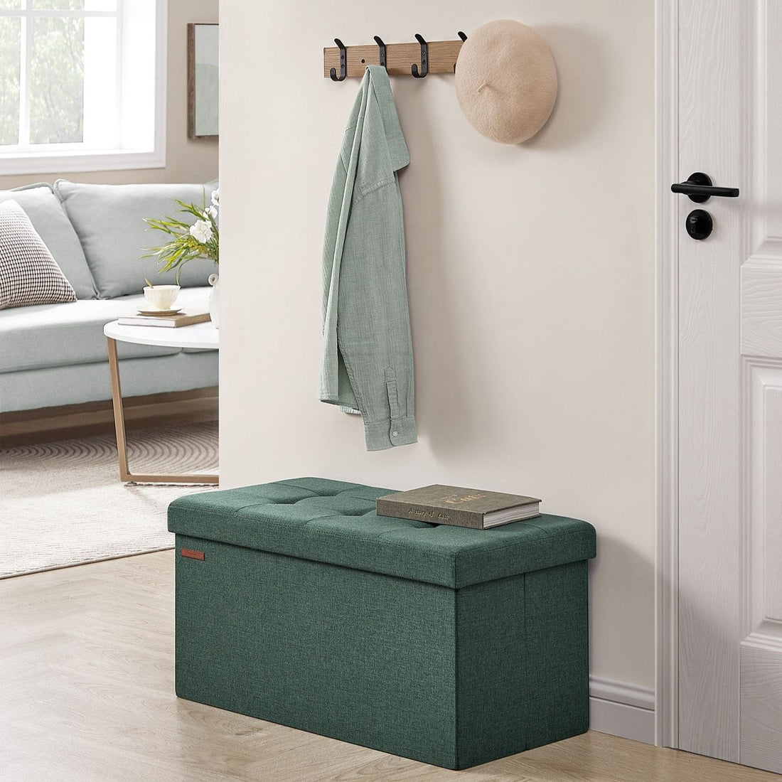 Groene vintage opbergbank - gestoffeerde hocker - MDF - 38 x 76 x 38 cm