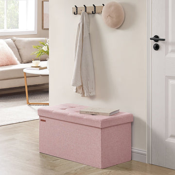 Opbergbank roze voetenbank, gestoffeerde zitkist, MDF, 38 x 76 x 38 cm, 25D-schuim