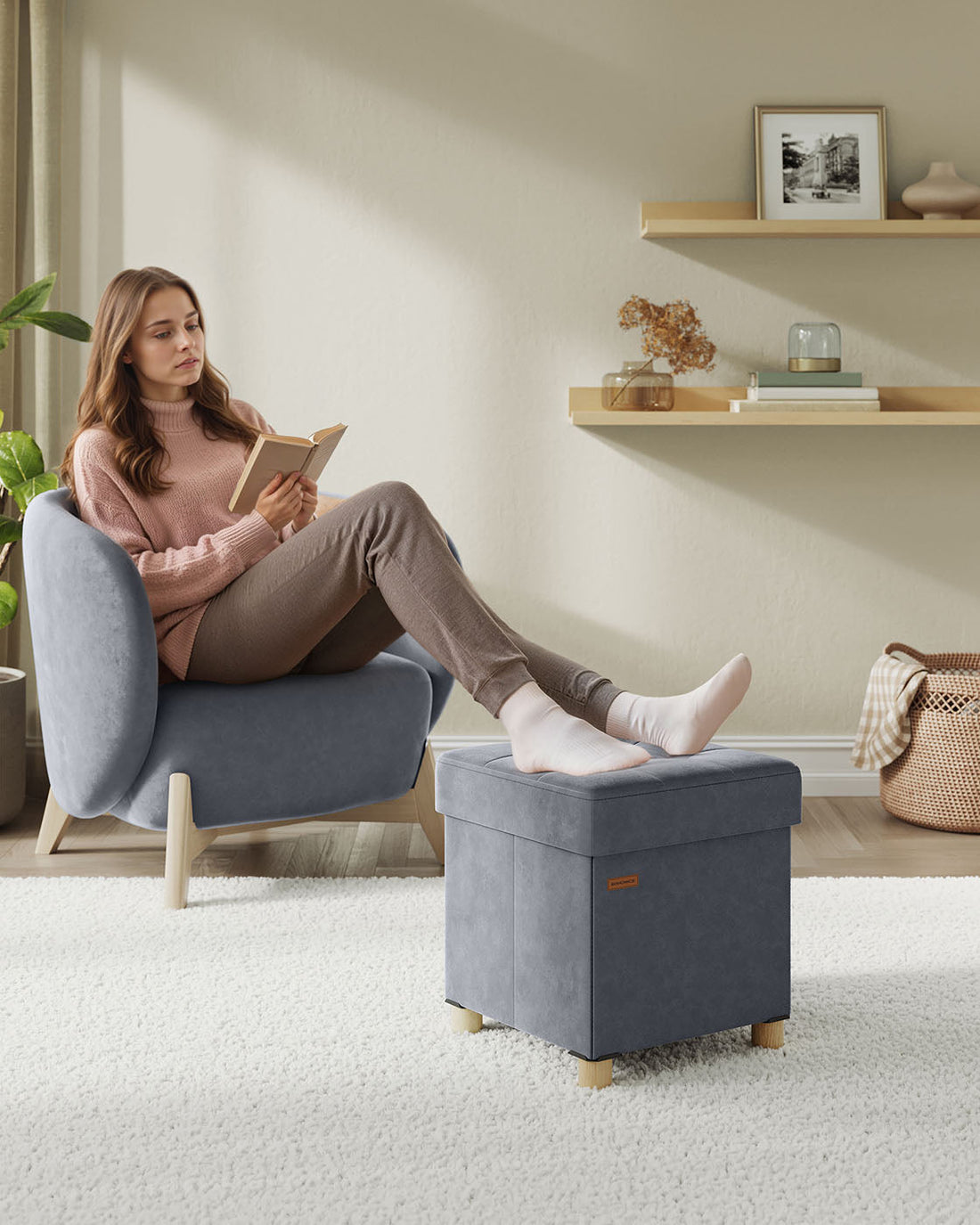 Opbergpoef - fluwelen hocker - 37 l - 38 x 38 x 40 cm - grijs