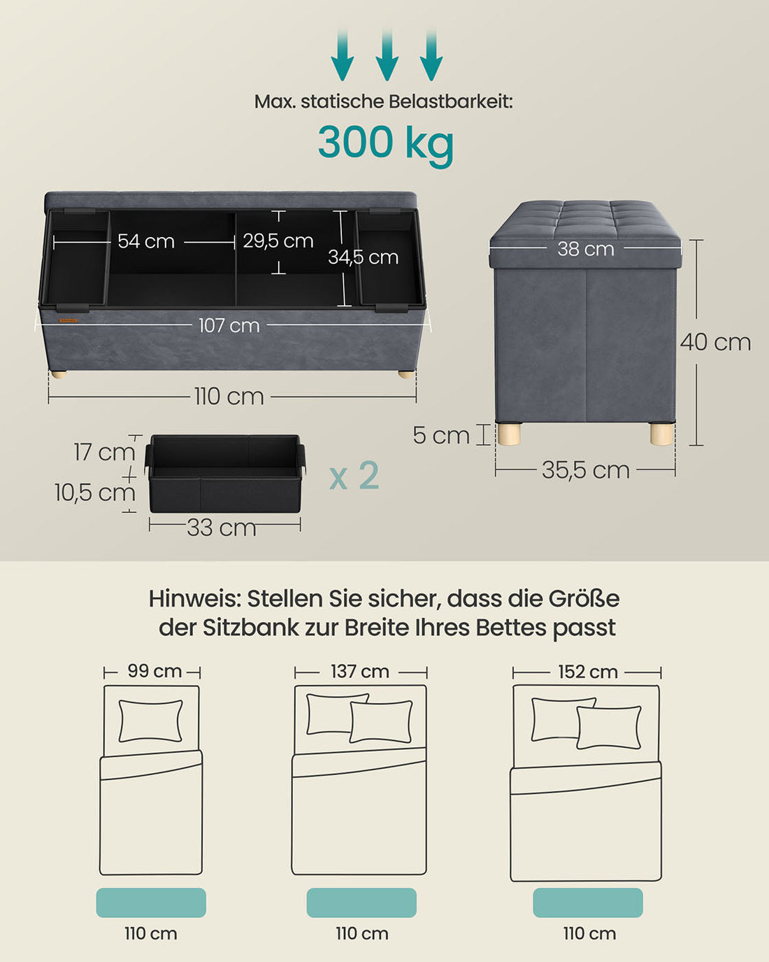 Fluwelen opbergbank - voetenbank - 300 kg - 38 x 110 x 40 cm - 112 l - grijs