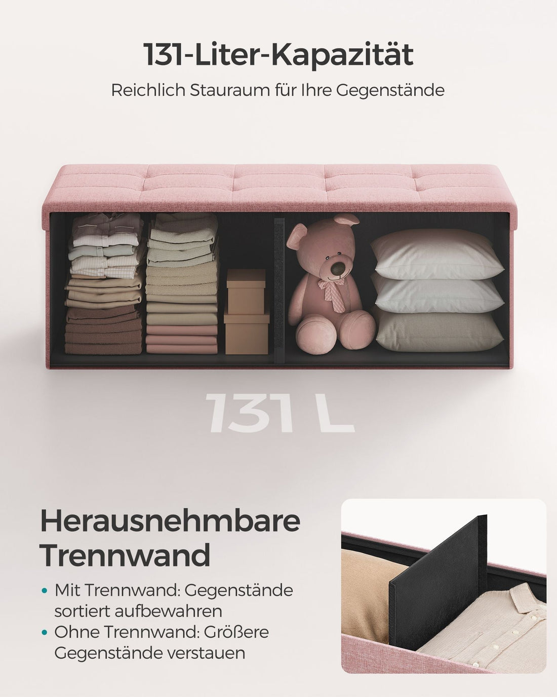Opbergbank - Gestoffeerde zitbank - Pastelroze - MDF - 38 x 110 x 38 cm