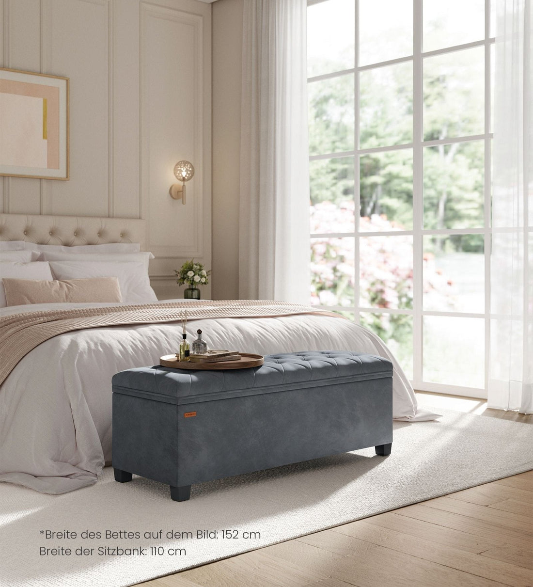 Förvaringsbänk – sittpuff – sammetsklädsel – MDF – 40 x 110 x 40 cm