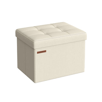 Crèmekleurige opbergpoef - zitkist - MDF - linnen - 31 x 41 x 31 cm