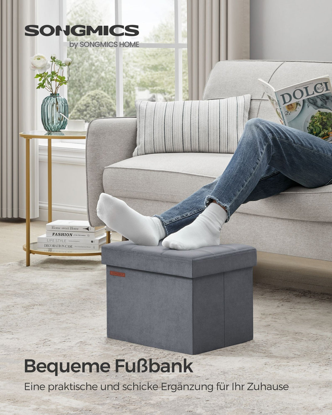 Opberghocker met fluwelen zitting - voetenbank - MDF - 32 l - 31 x 41 x 31 cm - leigrijs
