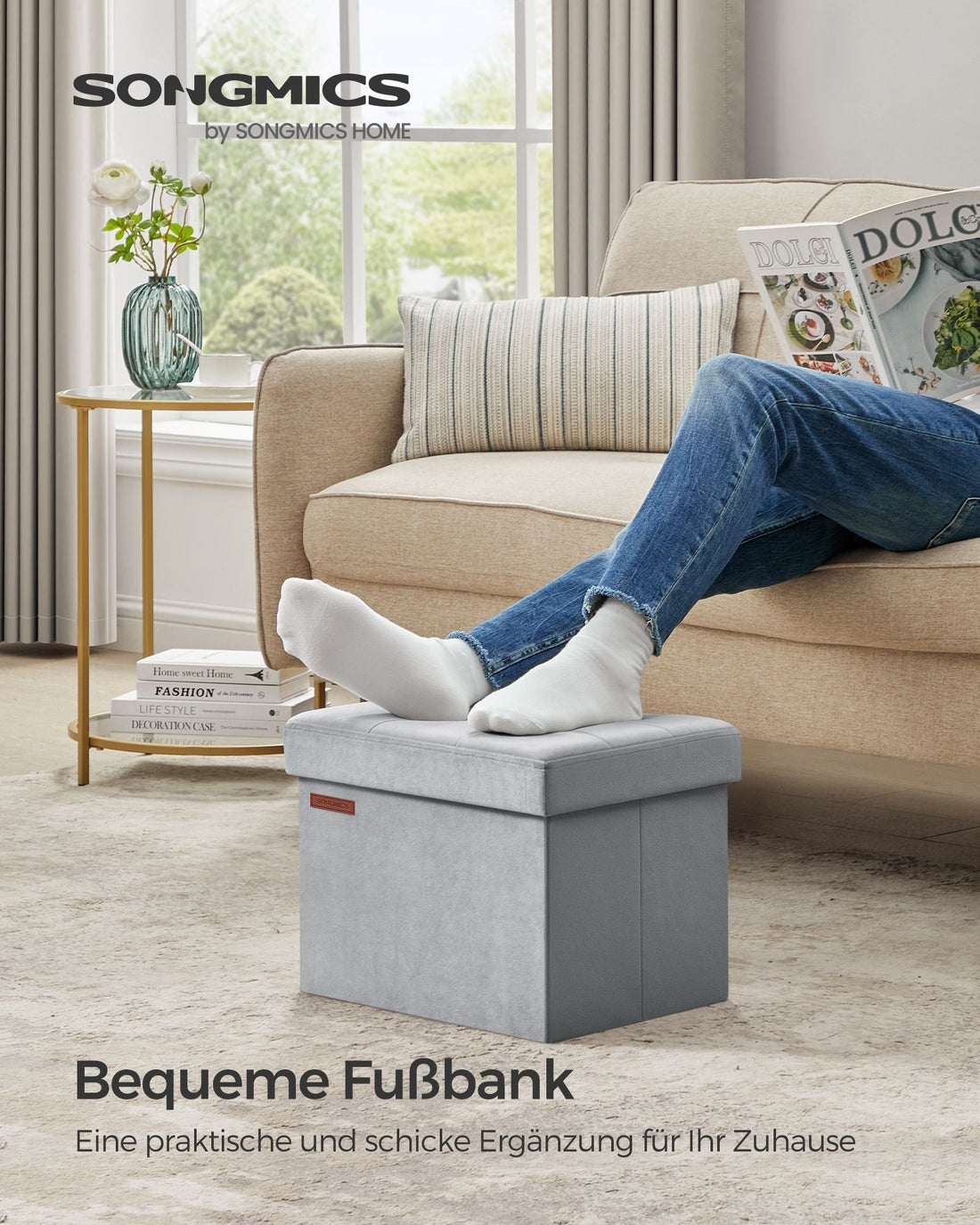Sitzhocker mit Samt - Aufbewahrungshocker - MDF - Taubengrau - 31 x 41 x 31 cm