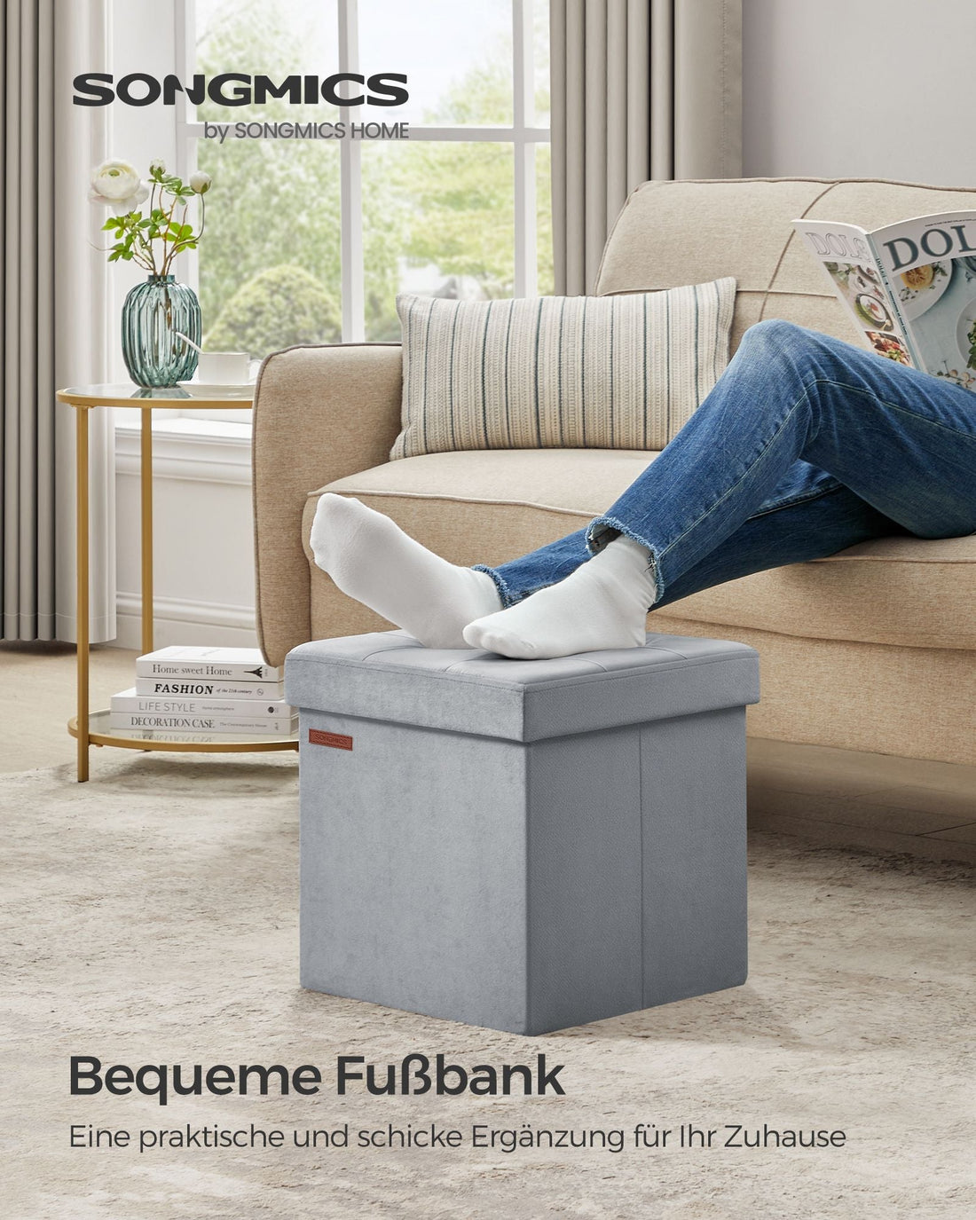 Duifgrijze zitkist - opberghocker - voetenbank - MDF fluweel - 300 kg - 38 x 38 x 38 cm