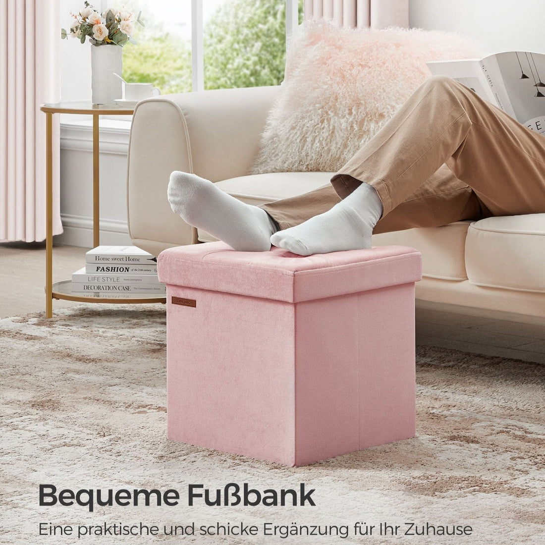 Fluwelen opberghocker - poef - MDF - zacht schuim - pastelroze - 38 x 38 x 38 cm