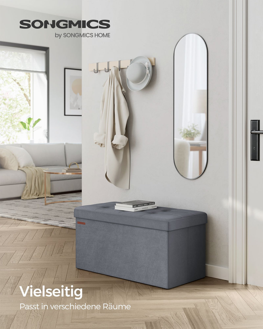 Opbergbank met fluwelen zitting - voetenbank - MDF - leigrijs - 38 x 76 x 38 cm