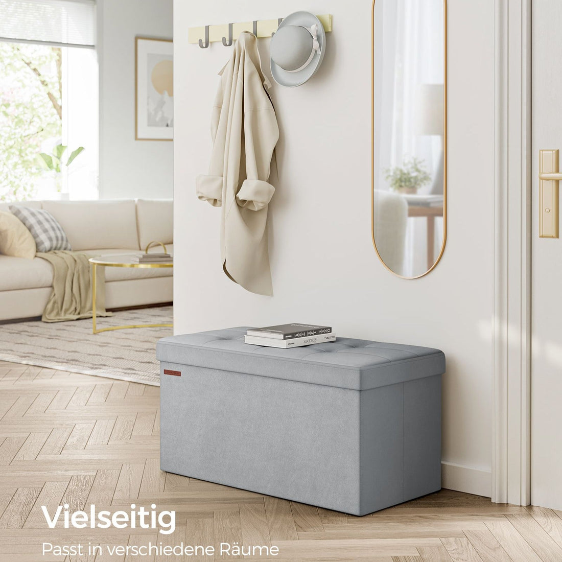 Dovegrijze fluwelen opbergbank - 89 l opbergruimte - 300 kg - 38 x 76 x 38 cm