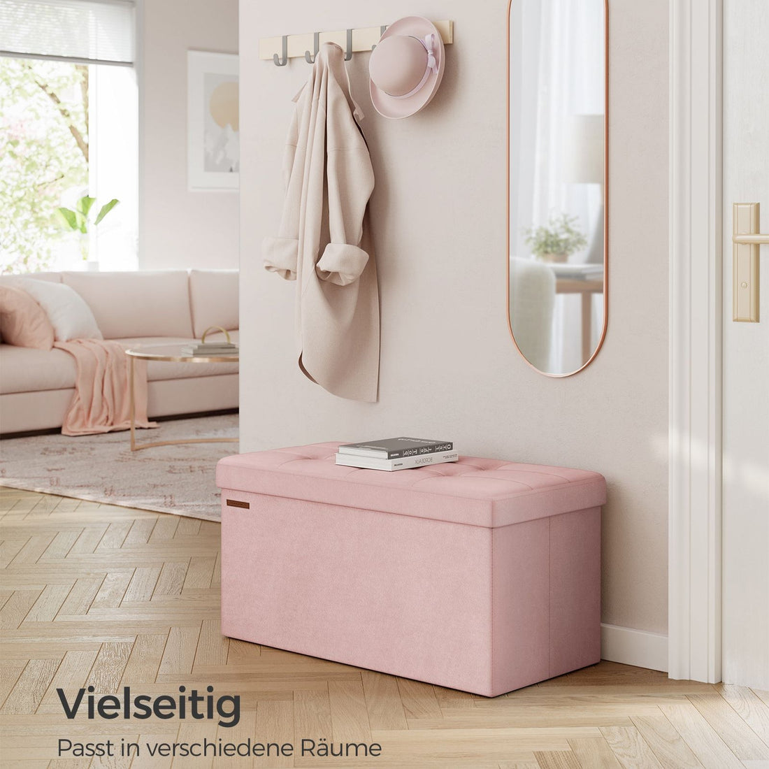 Opbergbank met fluwelen bekleding - MDF - pastelroze - 38 x 76 x 38 cm