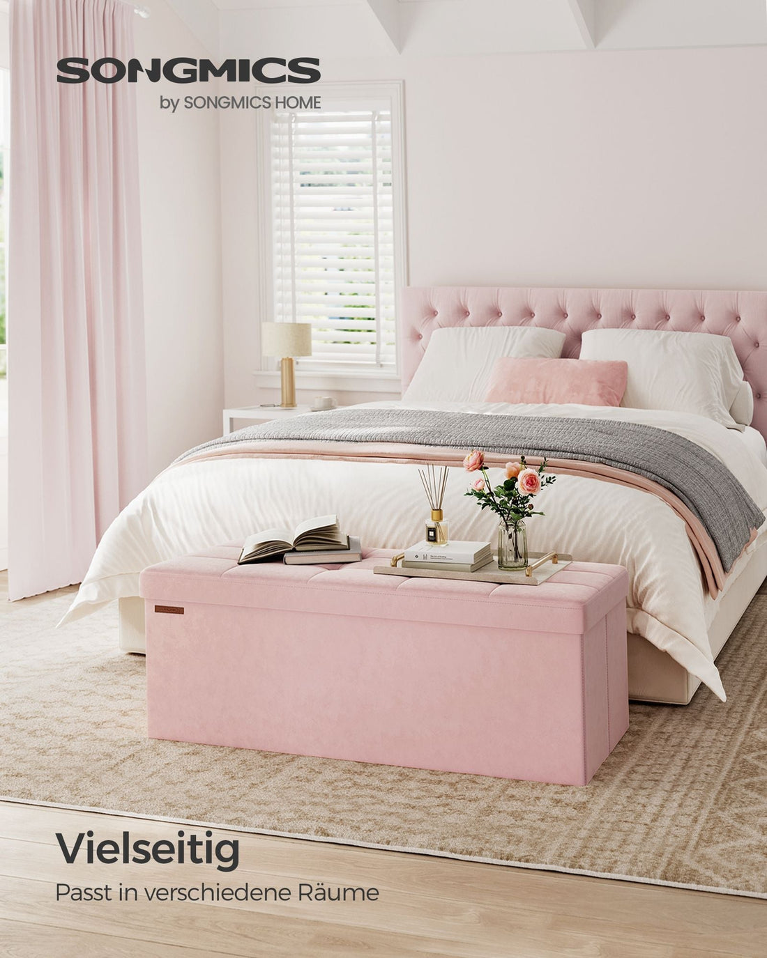 Pastelroze opbergbank - fluweel - MDF - 131 l - 38 x 110 x 38 cm