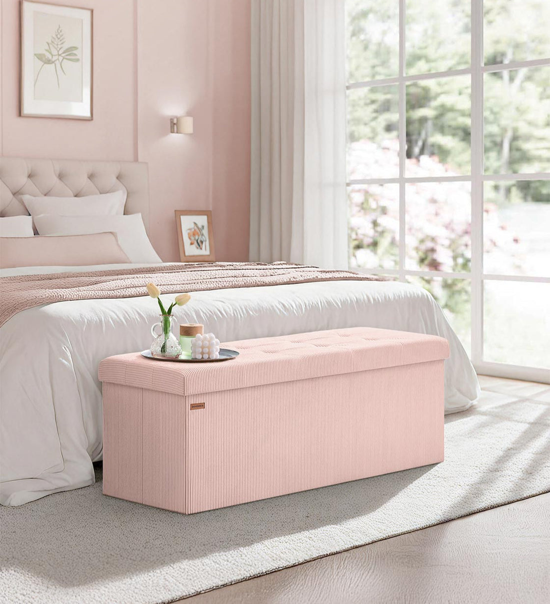 Roze opbergbank - zitbank - hocker - hoogelastisch schuim - 38 x 110 x 38 cm