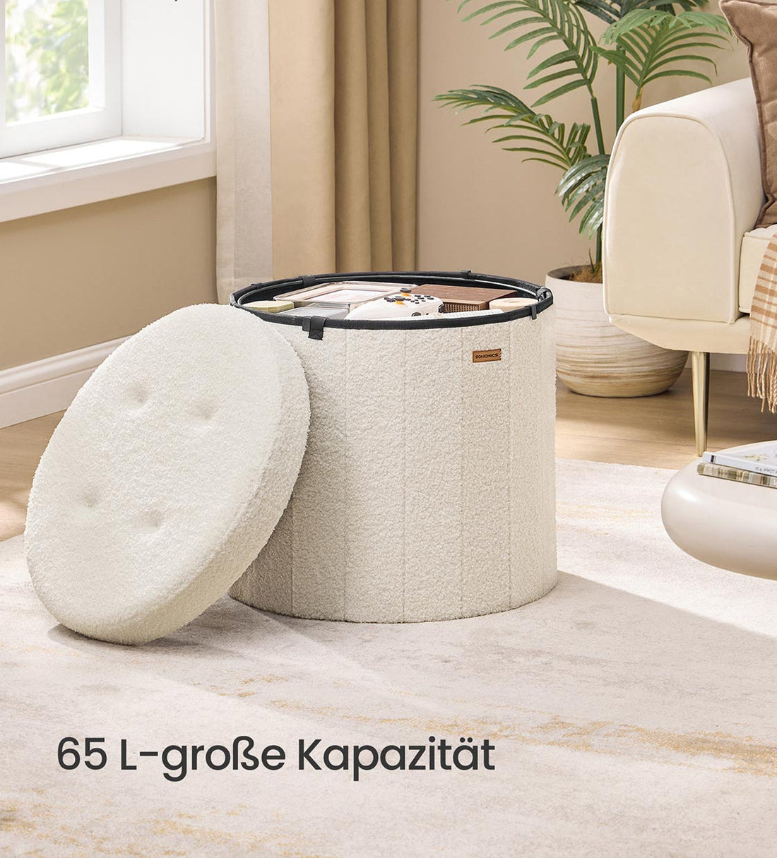 Crèmekleurige MDF-zitkruk, decoratieve poef, 200 kg, Ø46 x 45 cm