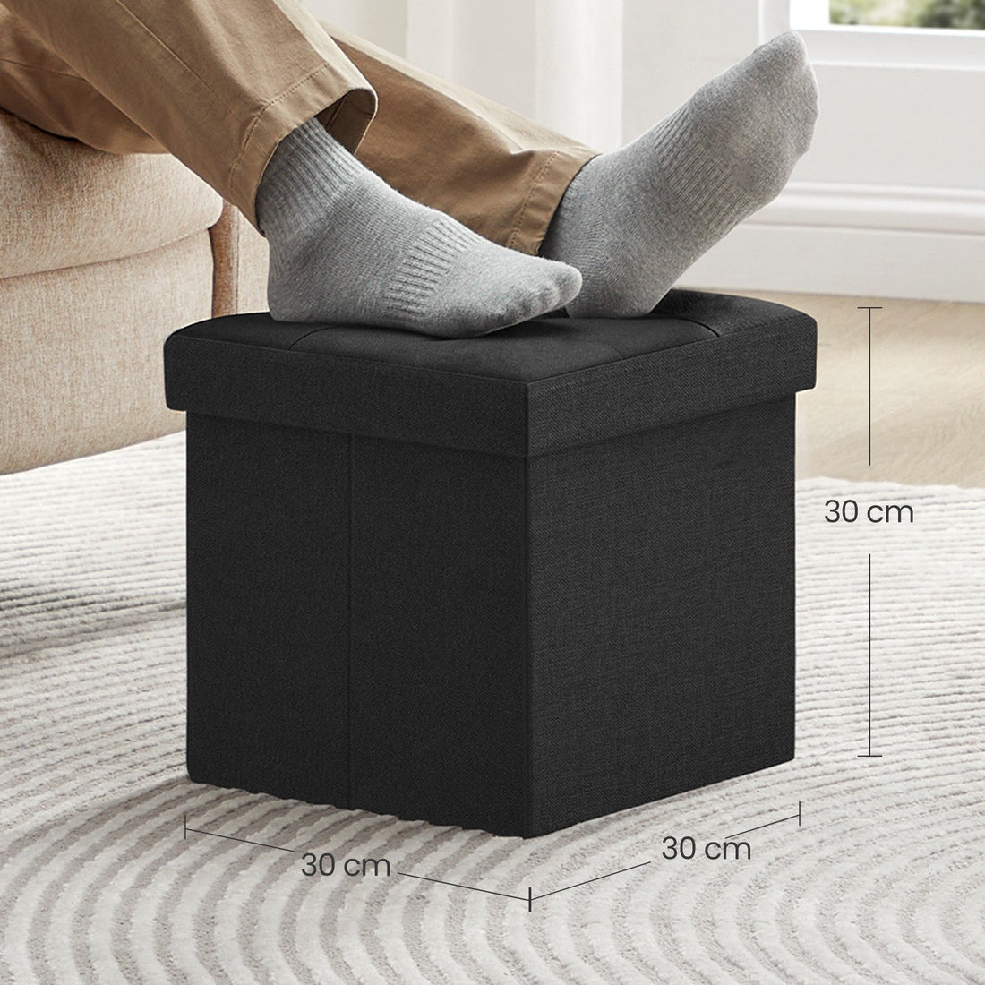 Opbergbankje met opbergruimte - 22 l - 30 x 30 x 30 cm - zwart MDF en linnen