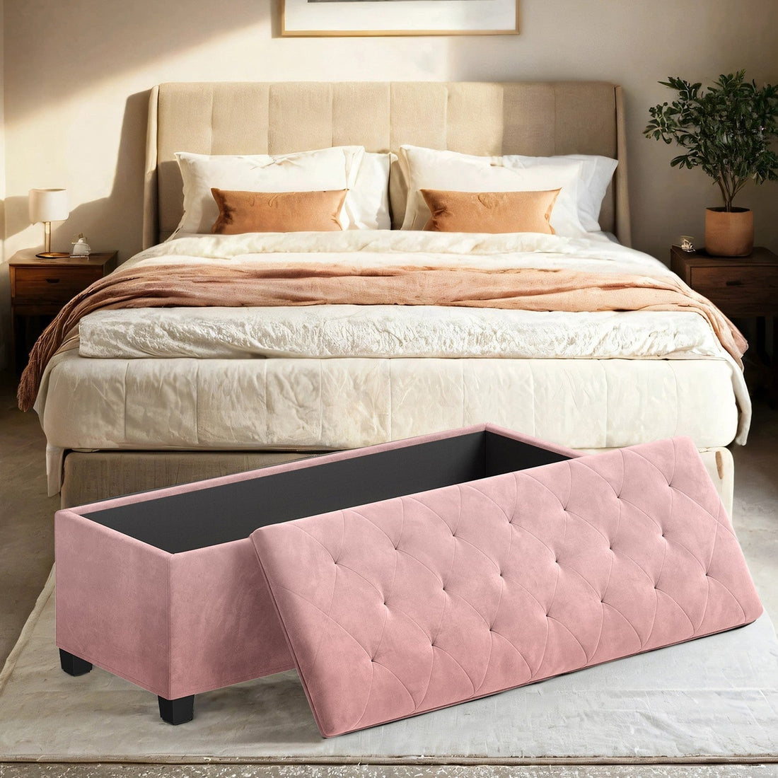 Roze fluwelen opbergbank - zitkist - gestoffeerde bank - 103 l - 40 x 110 x 40 cm