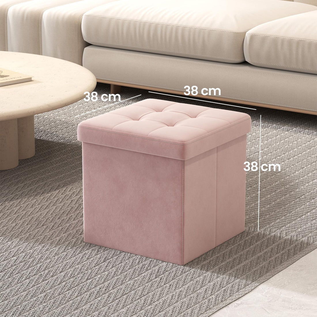 Sittpall med förvaring, liten fotpall, bänk | Pastellrosa | 38x38x38 cm