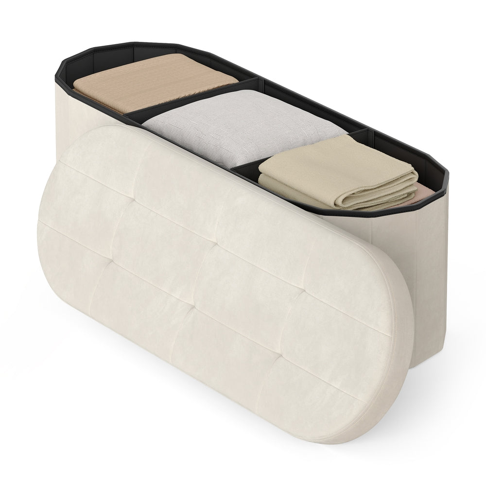 Bänk med förvaring och hopfällbar fotpall | Vit | 110x38x38 cm