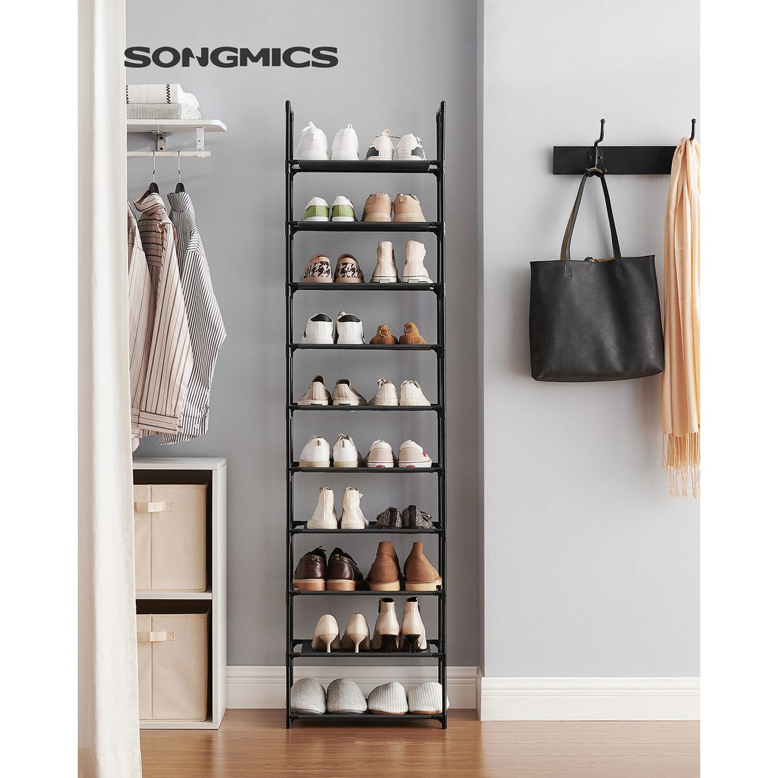 10-lagiger Schuhständer - Metallrohre - Vliesstoff - 45 x 28 x 173 cm