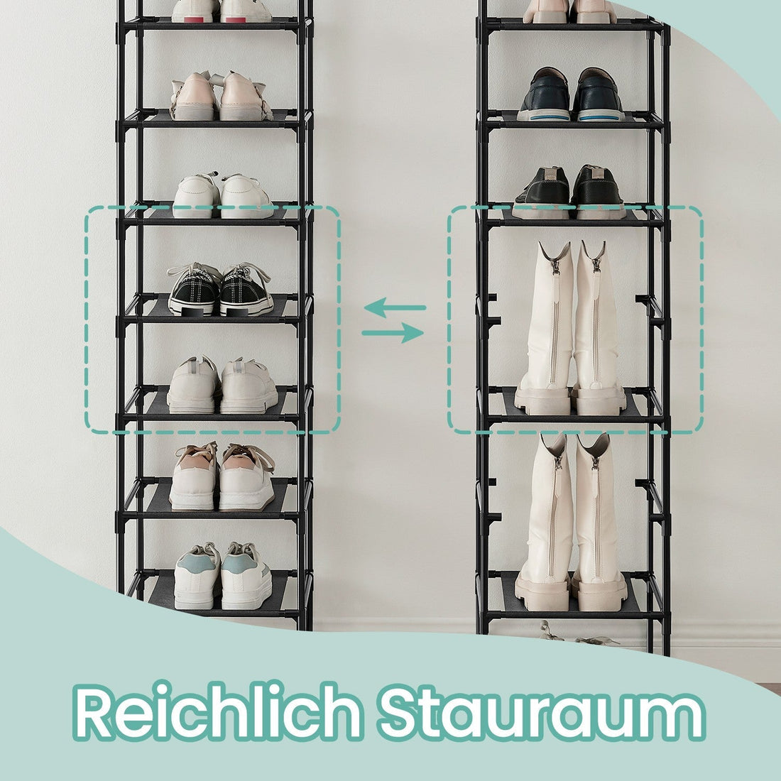 10-stöckiges Schuhregal mit Metallrohren - platzsparend - 33 x 33 x 173 cm