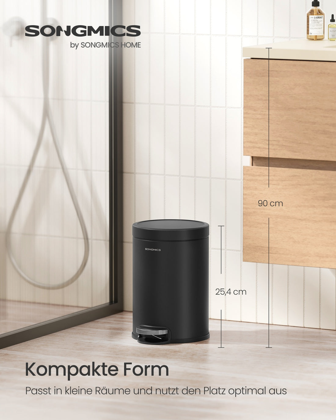 3 liter cosmetica-emmer voor badkamer met softclose deksel | Inktzwart | 17,3x22,4x25,4 cm