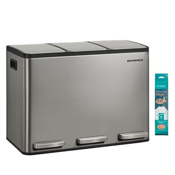 Afvalscheidingsbak 3 x 15 L met 3 vakken en softclose | Zilver | 35,3x62x45,5 cm