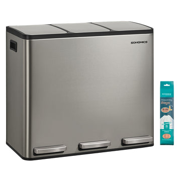 Afvalscheidingsbak keuken 3 x 18 L met 15 vuilniszakken | Zilverkleurig | 35,3x62x54 cm