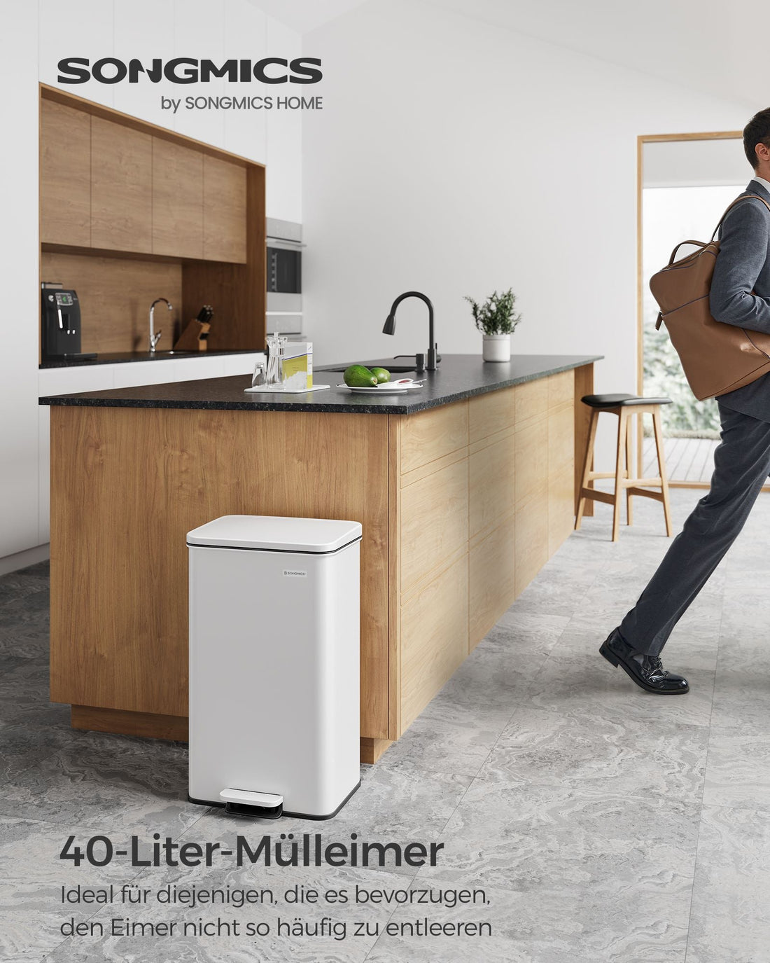 Witte stalen afvalbak met deksel - 40 liter - 34,8 x 32,1 x 55,7 cm - incl. 15 zakken