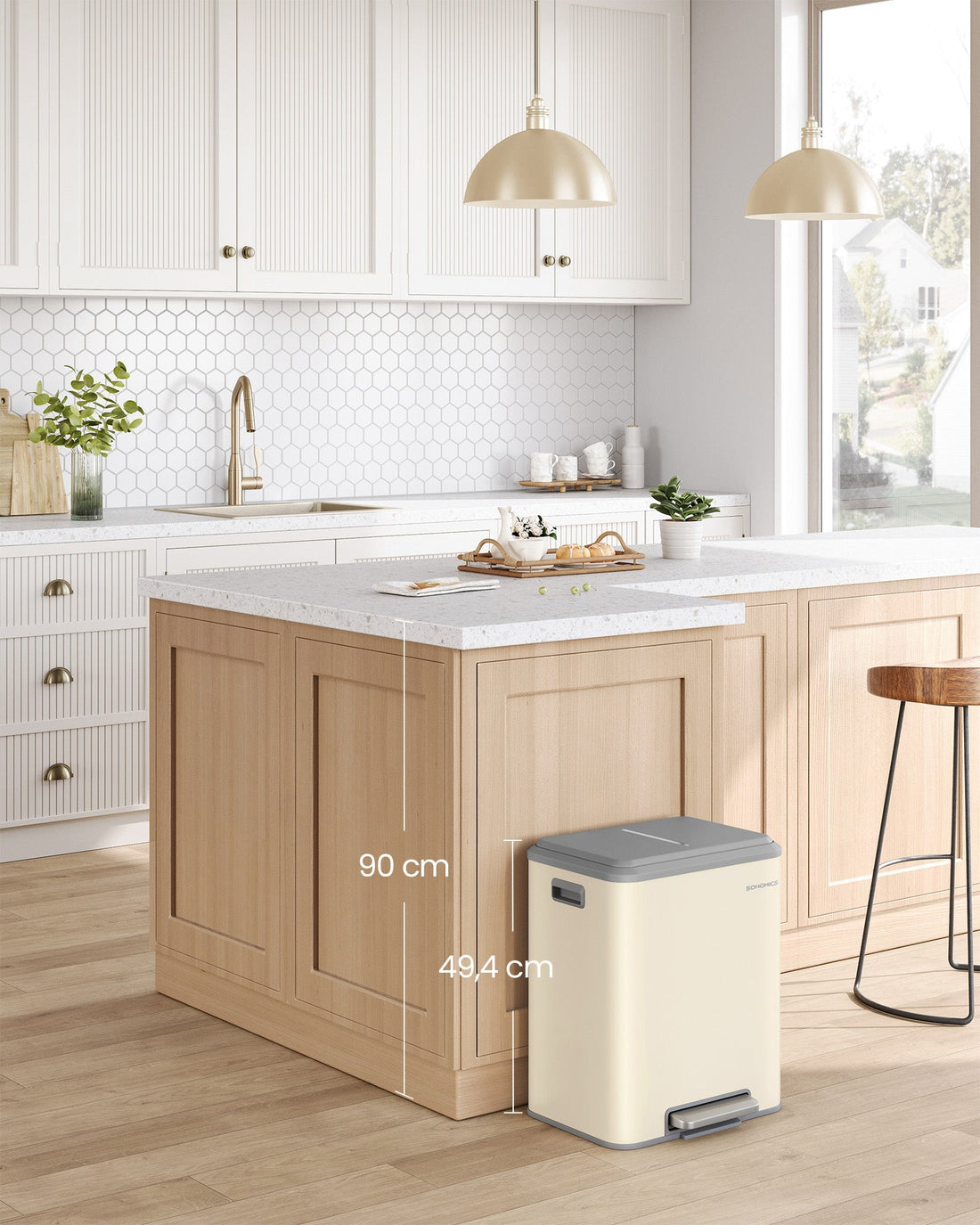 2-vaks afvalscheidingsbak - staal - zandbeige - 41,7 x 33,2 x 49,4 cm - 2 x 15 l
