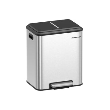 Afvalbak RVS met 2 vakken en pedaal, 2 x 15 l, zilver, 41,7 x 33,2 x 49,4 cm