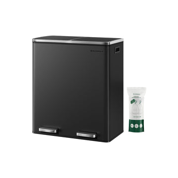 Pedaalemmer met 2 vakken – recycling en bioafval – zwart staal – 58,6 x 32 x 65 cm