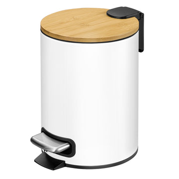 Badpedaalemmer 3 liter met bamboedeksel voor badkamer | Wit | 22x17x23,6 cm