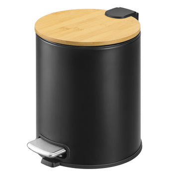 Badprullenbak 6 liter met bamboedeksel en pedaal | Zwart | 26x21x25,4 cm