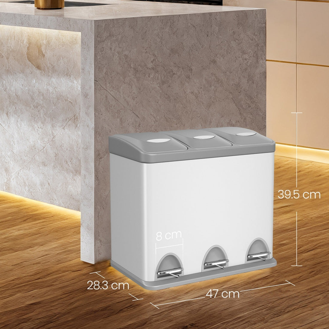 3-i-1 pedalhink för kök – sopsortering – hygienisk handsfree – 46,5 x 29,5 x 65 cm