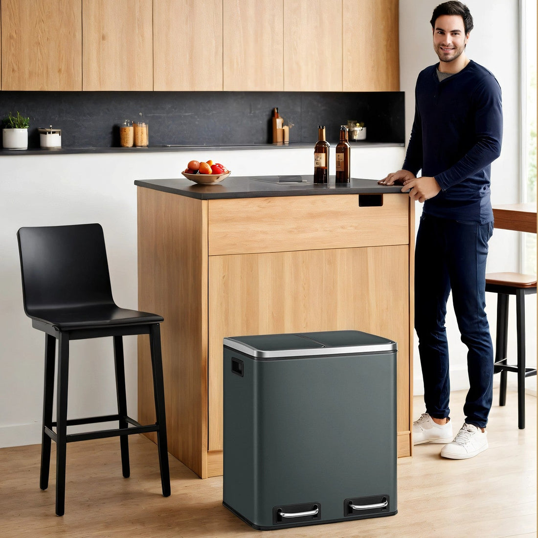 2 x 15L soptunna med pedal för avfallssortering - dubbla fack - stål - 41x36x(47-73.5) cm
