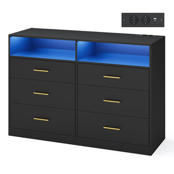 Ladekast met ledverlichting en laadstation, 6 laden | Zwart | 119x40x81,1 cm
