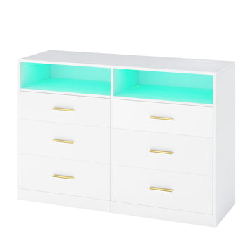 Moderne ladekast met LED-verlichting en laadstation, 6 lades | Wit | 119x40x81,2 cm