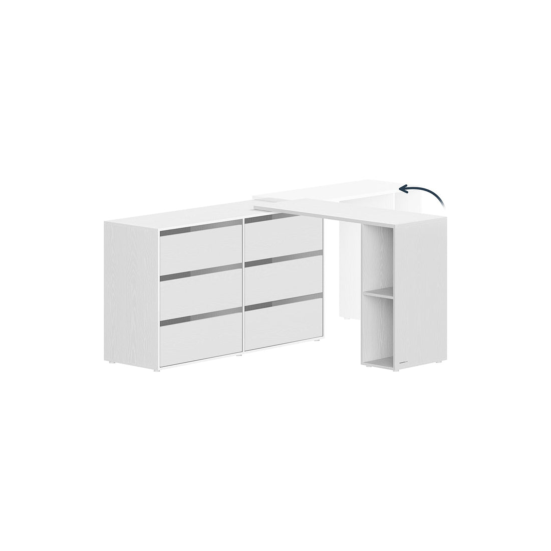 Wit bureau met zijplank en L-vormige ladekast, 39x90x74 cm