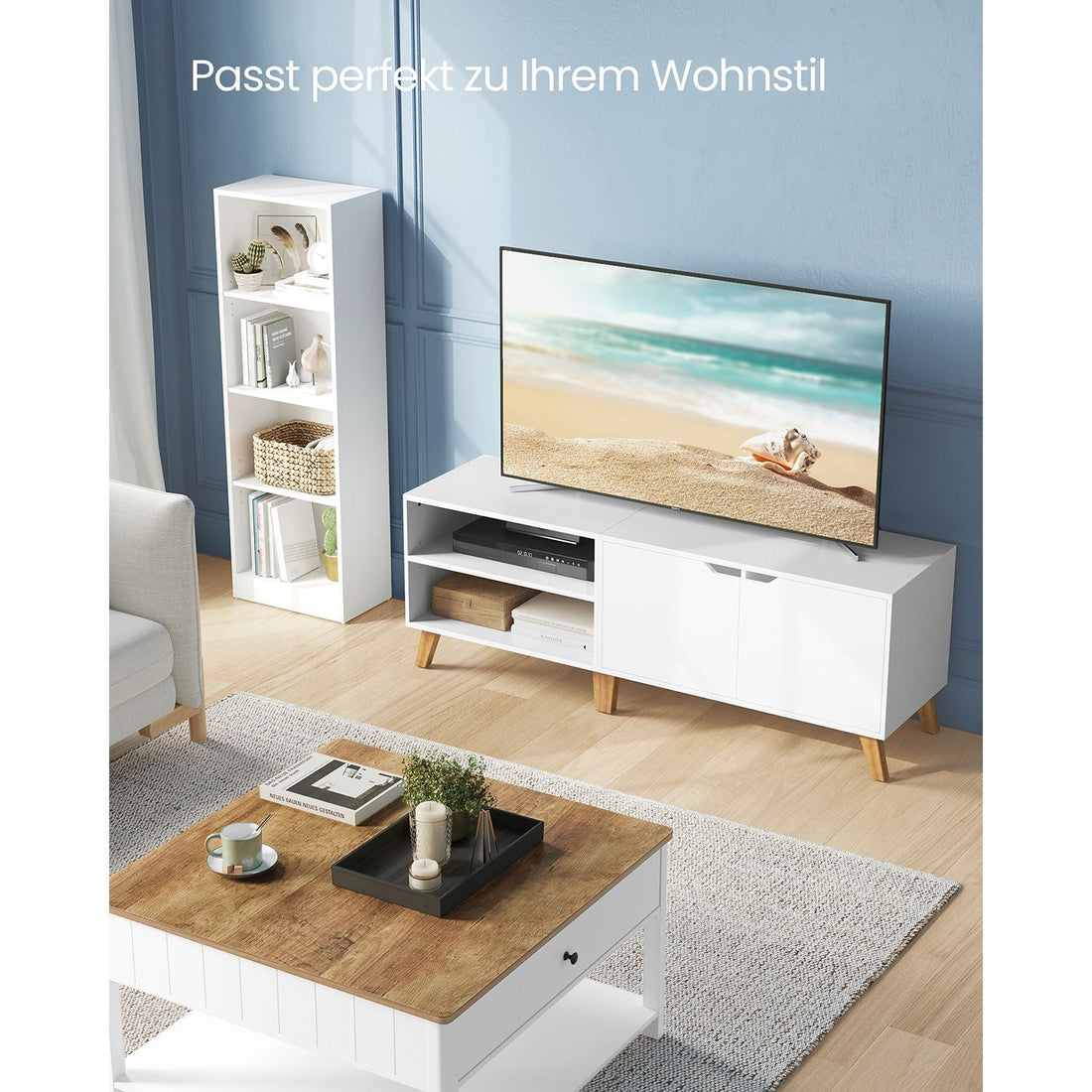 Weißer TV-Schrank aus Spanplatte – geräumiger Stauraum – 40 x 140 x 50 cm
