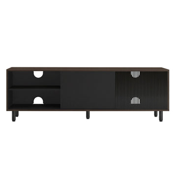Modern tv-meubel met geribbeld glas, montage zonder gereedschap | Bruin-zwart | 140x39x45 cm