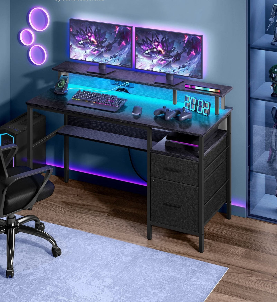 Schwarzer Schreibtisch mit Schubladen und Monitoraufsatz - Home Office - 110 x 65 x 13,5 cm - 24 kg