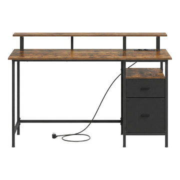 Bureau met stoffen laden en monitorstandaard | Bruin | 140x60x90 cm