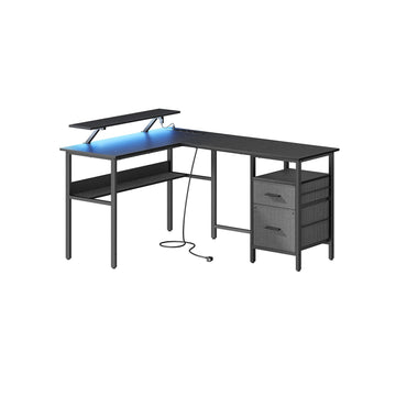 L-vormig hoekbureau met stopcontacten, zwart, 120 x 140 x 75 cm