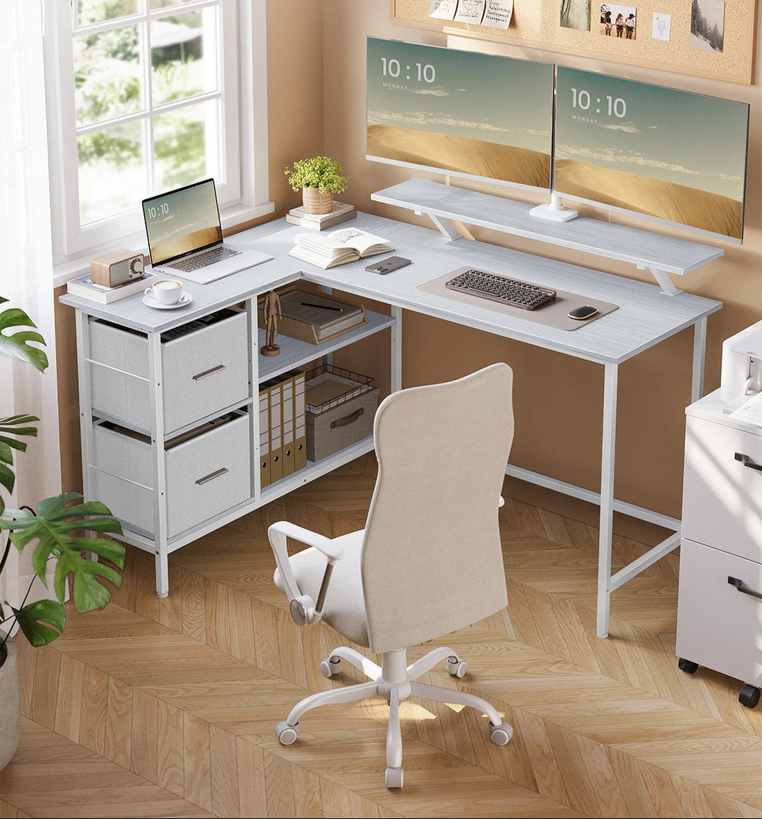 L-format skrivbord - arbetsplats - vit - platsbesparande - 105 x 135 x 89,5 cm