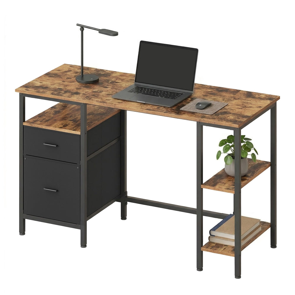 Schreibtisch mit 3 Regalböden und 2 Schubladen | Braun-Schwarz | 127x50x76 cm