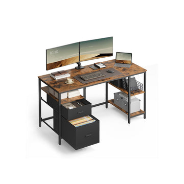 Computerbureau met 3 legplanken en 2 lades, vintage bruin-zwart, 60x140x76 cm